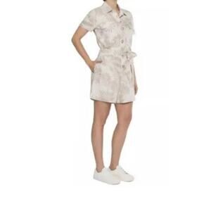 Matty M Linen Blend Button Front Romper Tan Tropical Palm Leaf Print Sz XXL